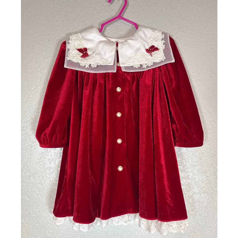 Vintage 80s Red Velvet Dress Toddler Girls 2T Sailor Collar Long Sleeve Lace Hem